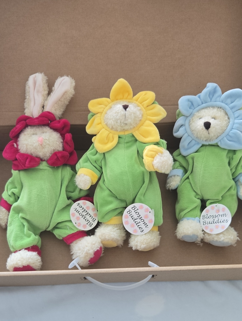 Blossom Buddies Plush Flower & Bunny 3 Set Green with Yellow, Blue, Pink Accents